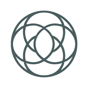 Circular geometric icon in deep teal representing Aura Independent Living, designed with interwoven loops to symbolize connection and harmony.