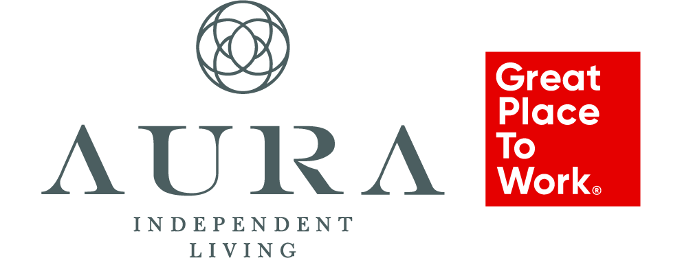 The Aura Independent Living logo features the Great Place to Work badge, highlighting the community’s certification and commitment to a supportive workplace culture.